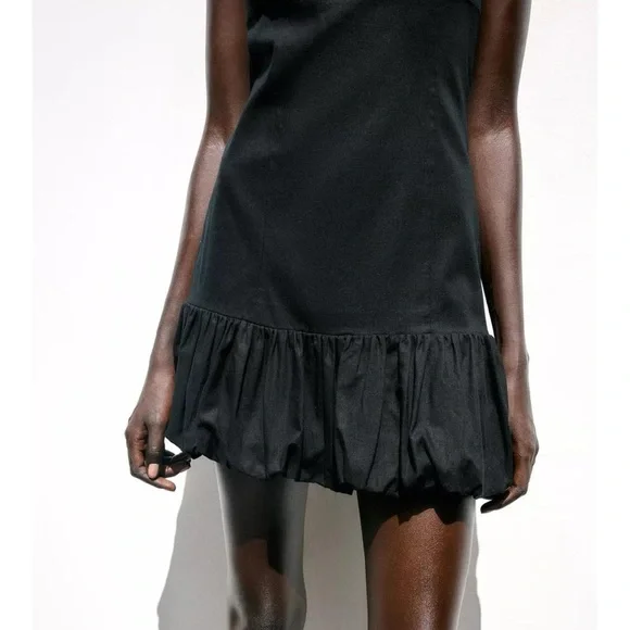 NWT Zara Linen Drop Waist Halter Neck Bubble Hem Mini Dress in Black - M - Picture 4 of 8